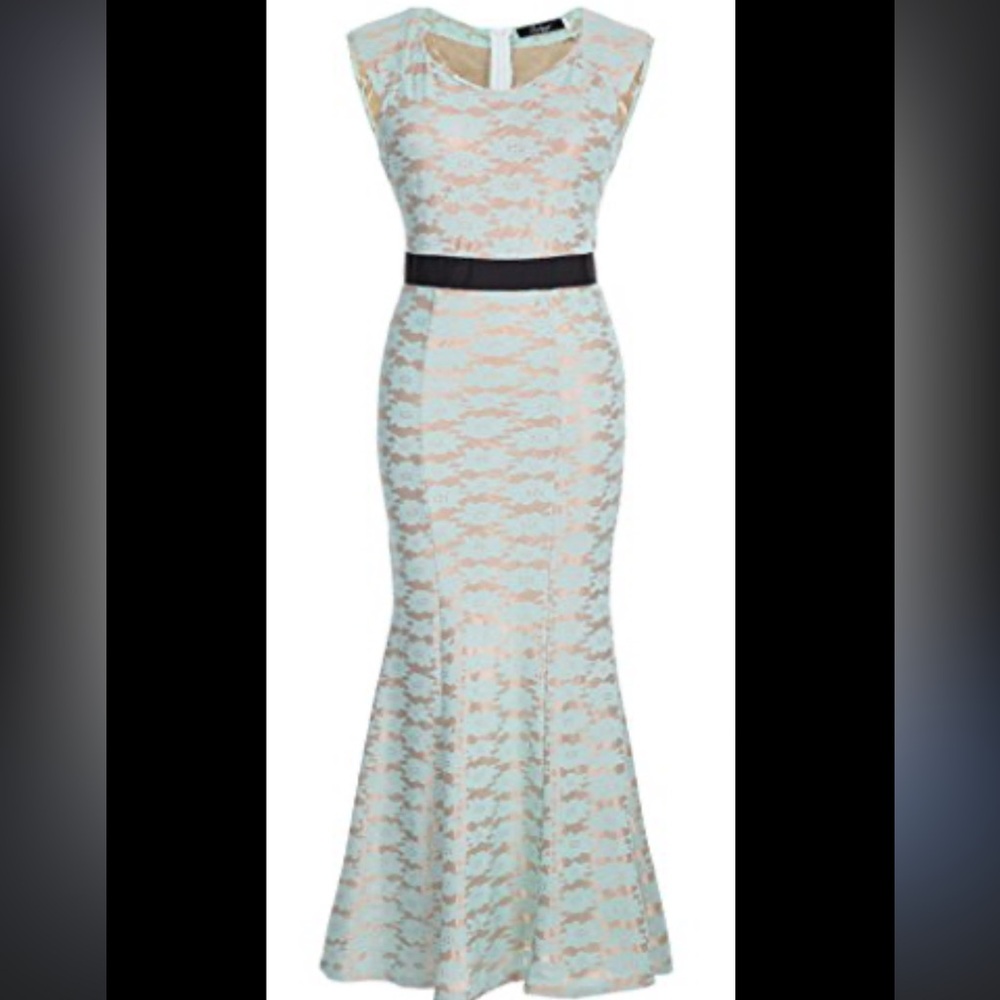 Ruiyige Floral Lace Overlay Sleeveless Midi Dress – Mint Green & Nude – XL
